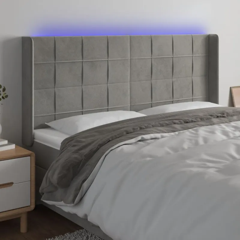 Galvūgalis su LED, šviesiai pilkas, 203x16x118/128cm, aksomas