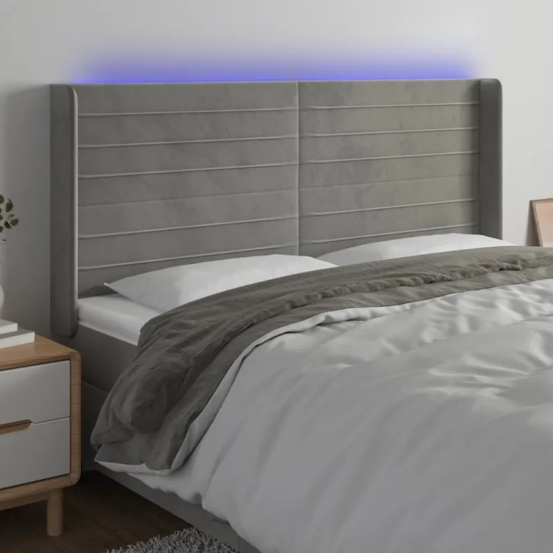 Galvūgalis su LED, šviesiai pilkas, 203x16x118/128cm, aksomas