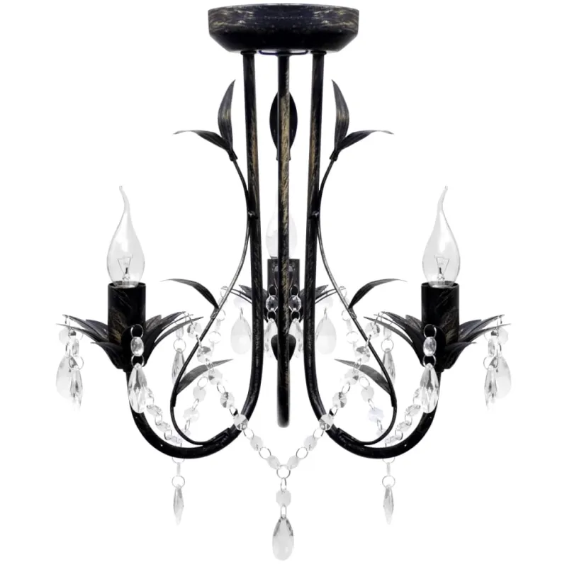 Art Nouveau Juodo Metalo Sietynas su Krištolo Karoliukais, 3 x E14