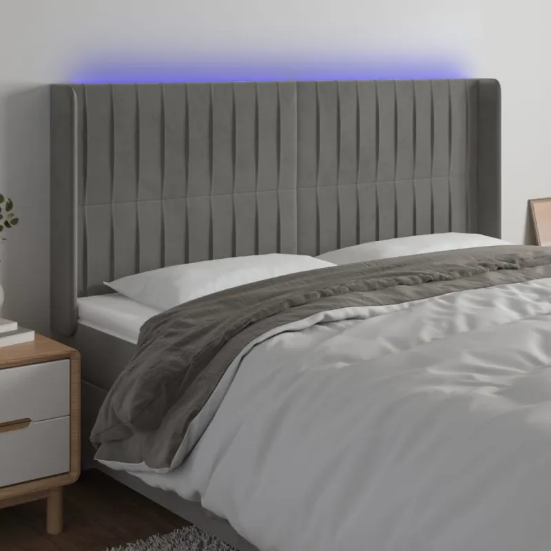 Galvūgalis su LED, šviesiai pilkas, 203x16x118/128cm, aksomas