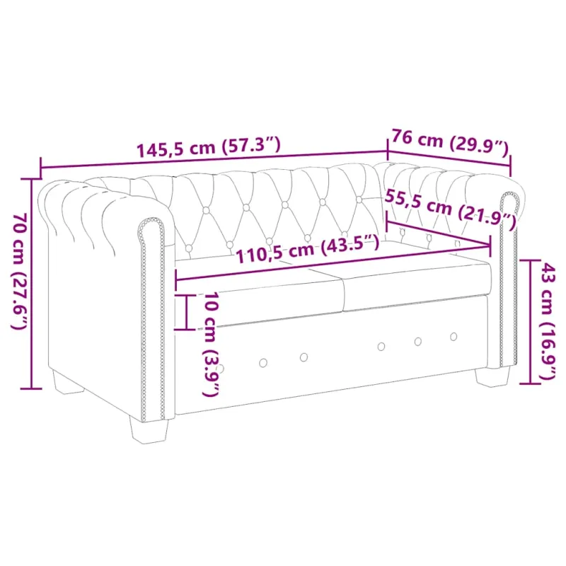 Chesterfield dvivietė sofa, dirbtinė oda, juoda