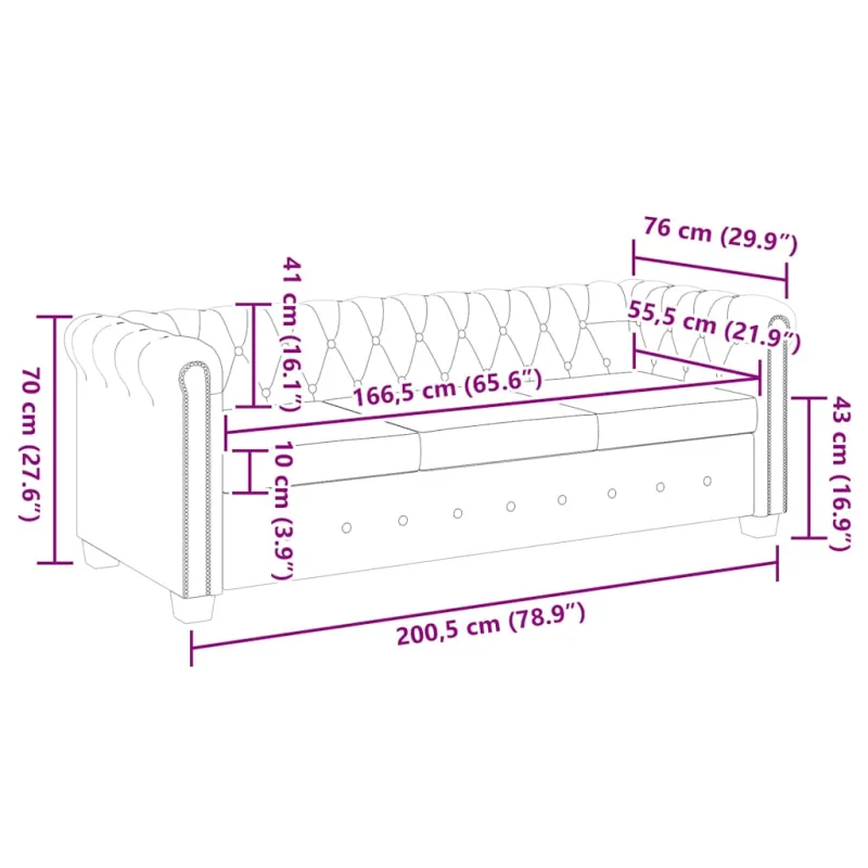 Chesterfield trivietė sofa, dirbtinė oda, juoda