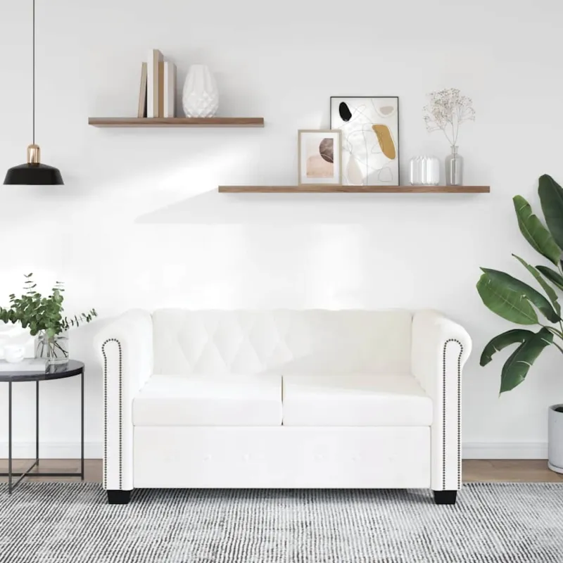 Chesterfield dvivietė sofa, dirbtinė oda, balta