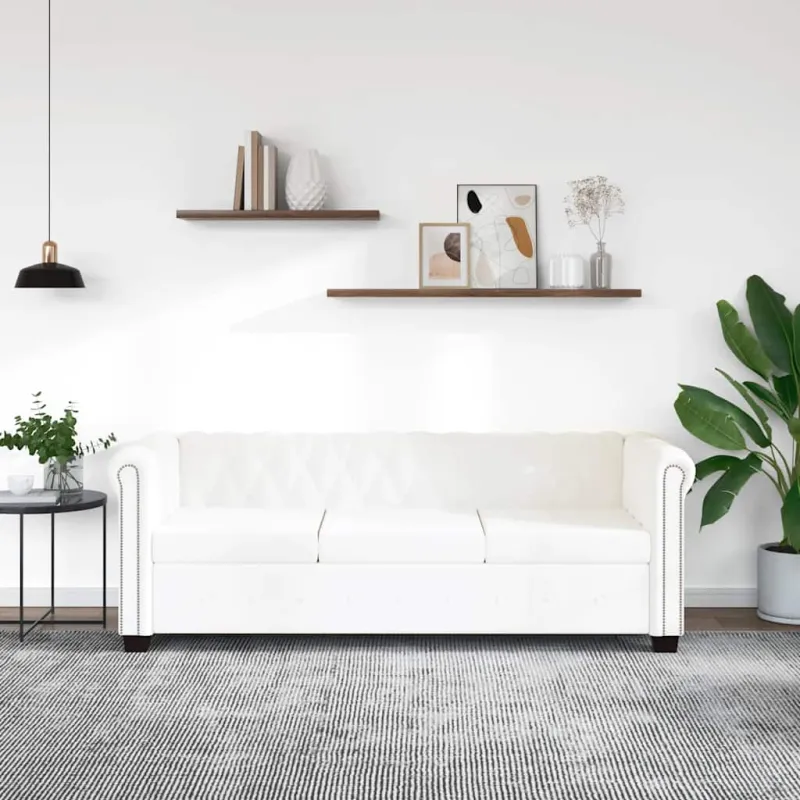 Chesterfield trivietė sofa, dirbtinė oda, balta