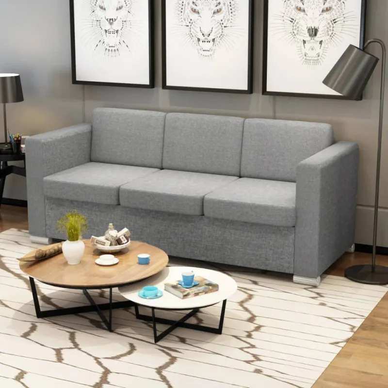 Trivietė sofa, šviesiai pilkos spalvos, audinys