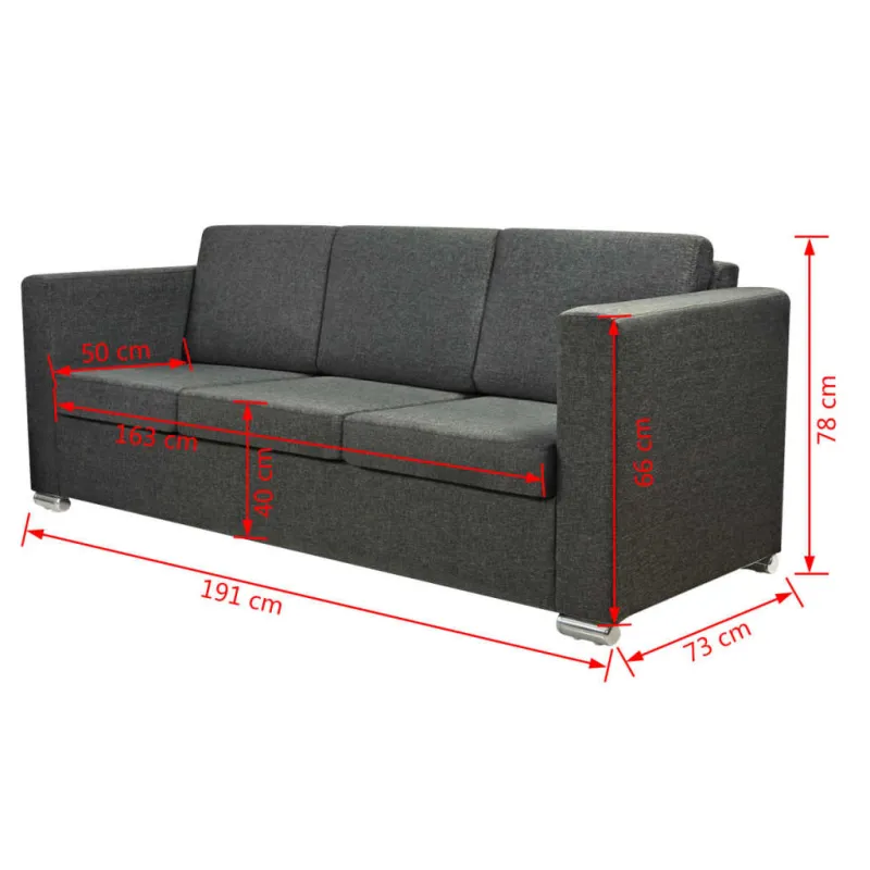 Trivietė sofa, tamsiai pilkos spalvos, audinys
