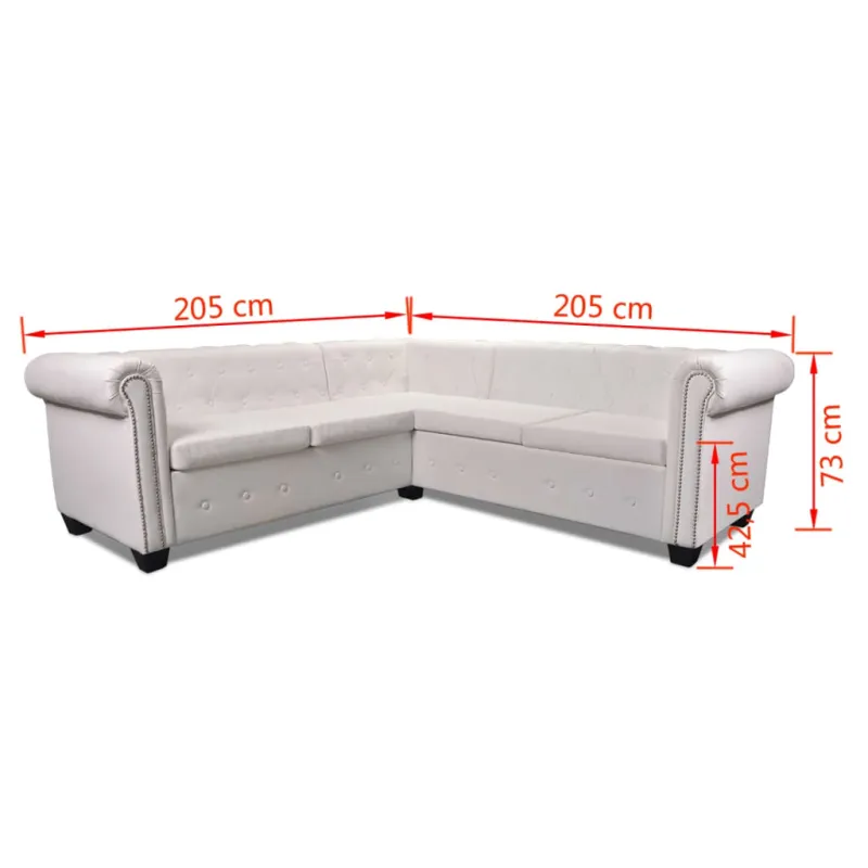 Chesterfield penkiavietė kampinė sofa, dirbtinė oda, balta