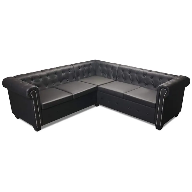 Chesterfield penkiavietė kampinė sofa, juoda, dirbtinė oda