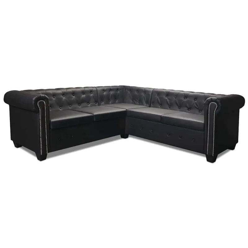 Chesterfield penkiavietė kampinė sofa, juoda, dirbtinė oda