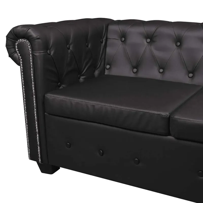 Chesterfield penkiavietė kampinė sofa, juoda, dirbtinė oda