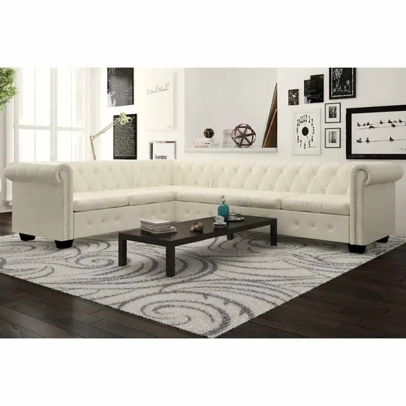 Chesterfield kampinė šešiavietė sofa, dirbtinė oda, balta