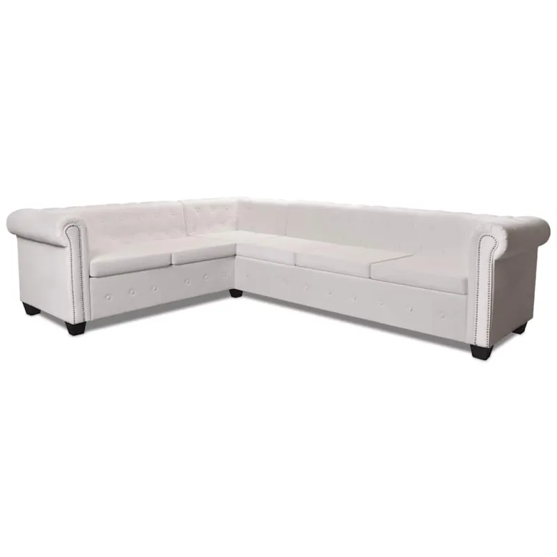 Chesterfield kampinė šešiavietė sofa, dirbtinė oda, balta
