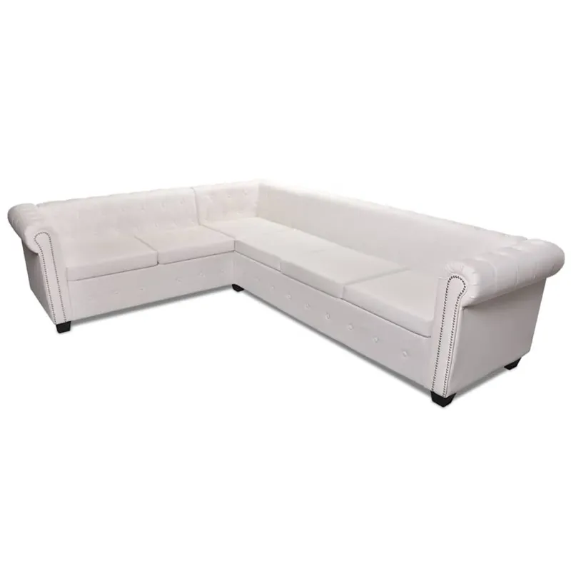 Chesterfield kampinė šešiavietė sofa, dirbtinė oda, balta