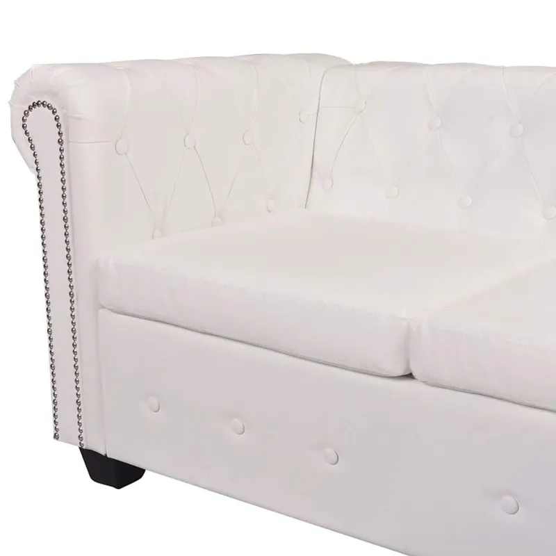 Chesterfield kampinė šešiavietė sofa, dirbtinė oda, balta