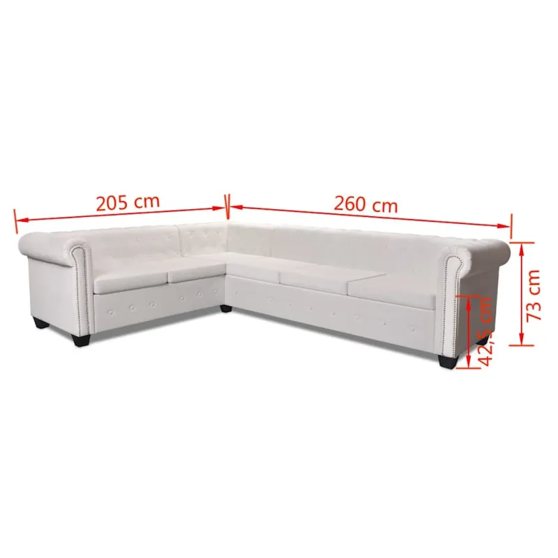 Chesterfield kampinė šešiavietė sofa, dirbtinė oda, balta