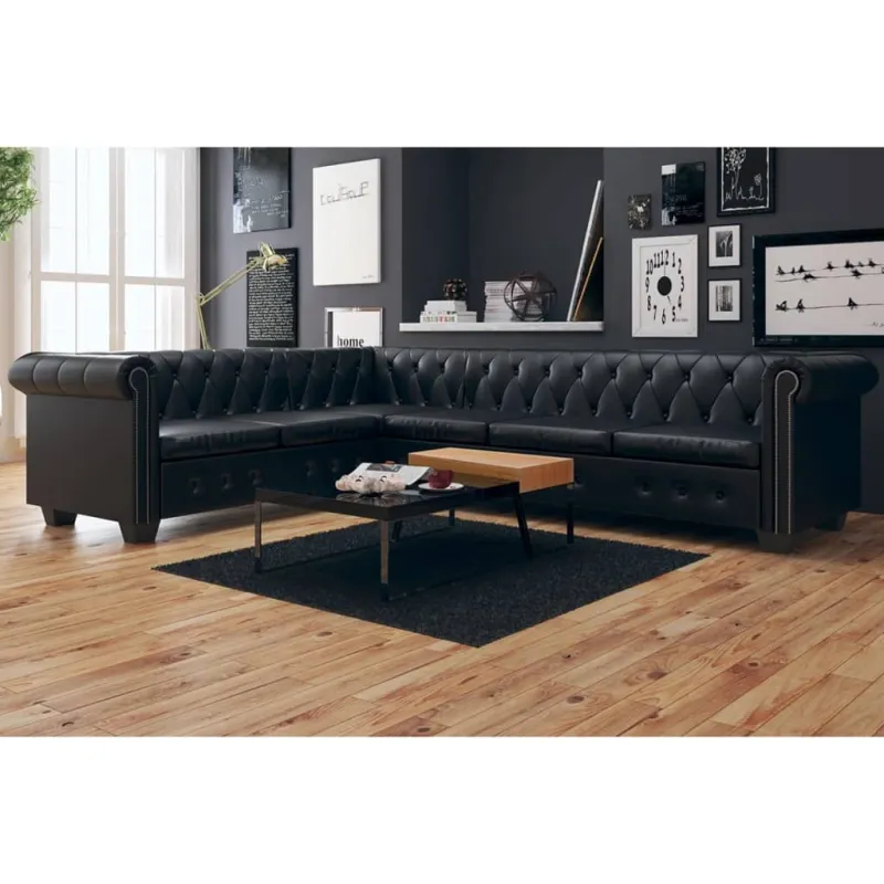 Chesterfield kampinė šešiavietė sofa, dirbtinė oda, juoda