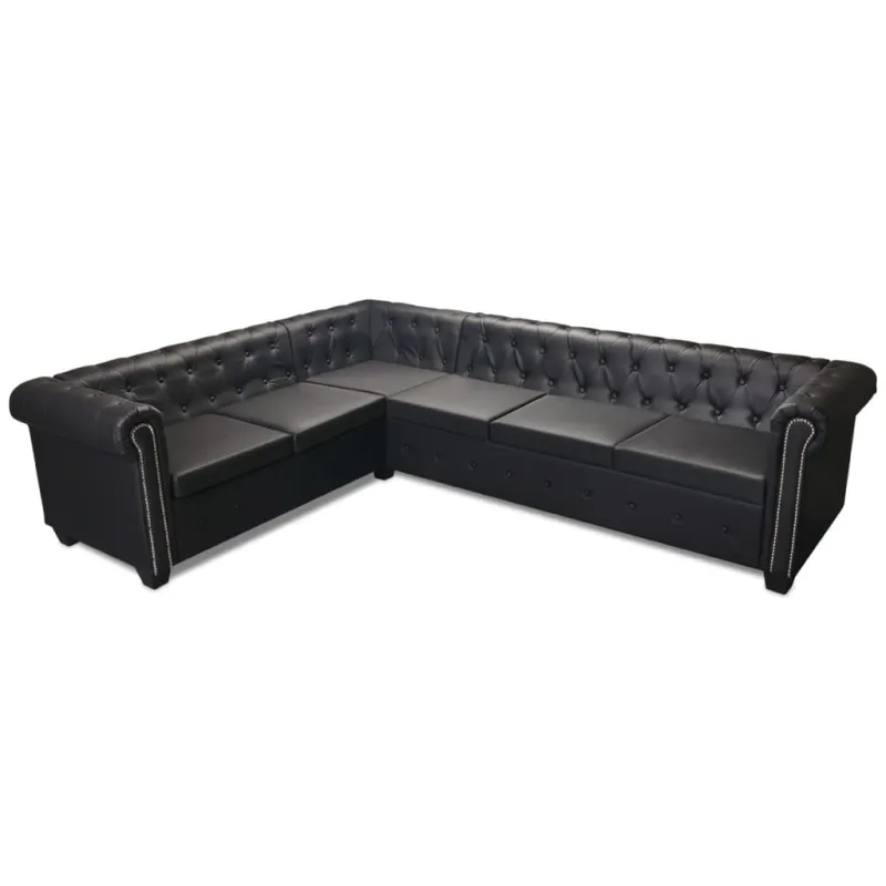 Chesterfield kampinė šešiavietė sofa, dirbtinė oda, juoda