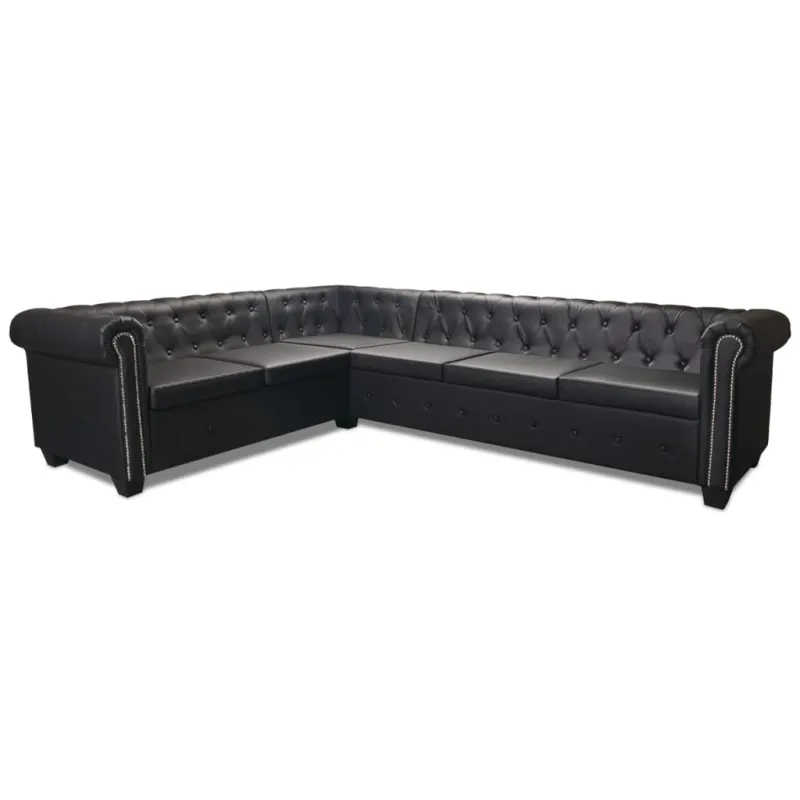 Chesterfield kampinė šešiavietė sofa, dirbtinė oda, juoda