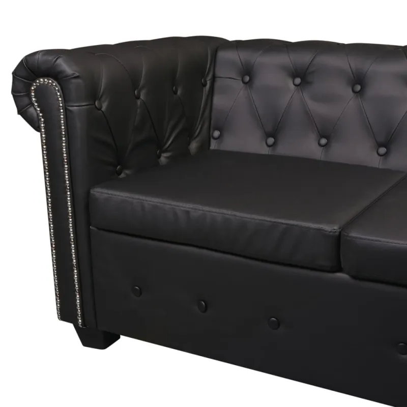 Chesterfield kampinė šešiavietė sofa, dirbtinė oda, juoda
