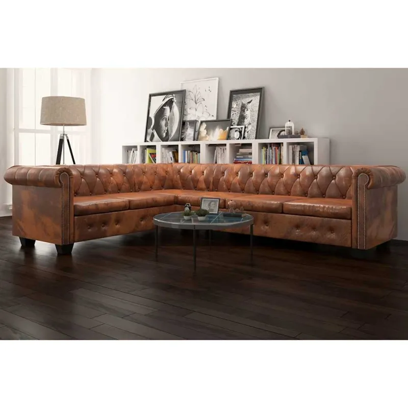 Chesterfield kampinė šešiavietė sofa, dirbtinė oda, ruda