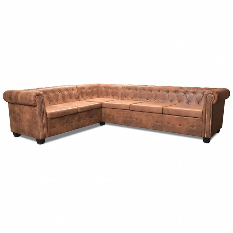 Chesterfield kampinė šešiavietė sofa, dirbtinė oda, ruda