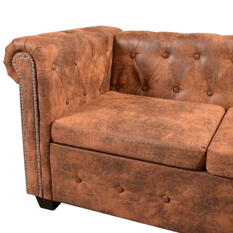 Chesterfield kampinė šešiavietė sofa, dirbtinė oda, ruda