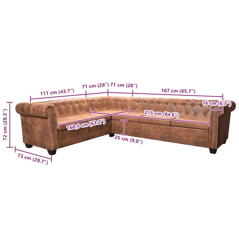 Chesterfield kampinė šešiavietė sofa, dirbtinė oda, ruda