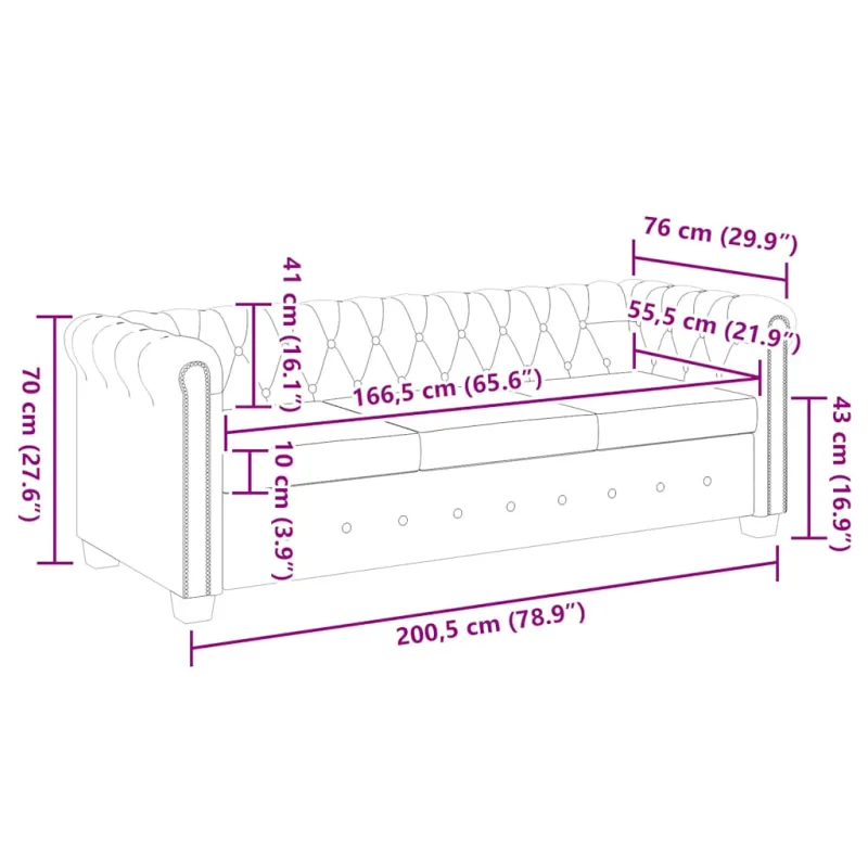 Chesterfield trivietė sofa, dirbtinė oda, ruda