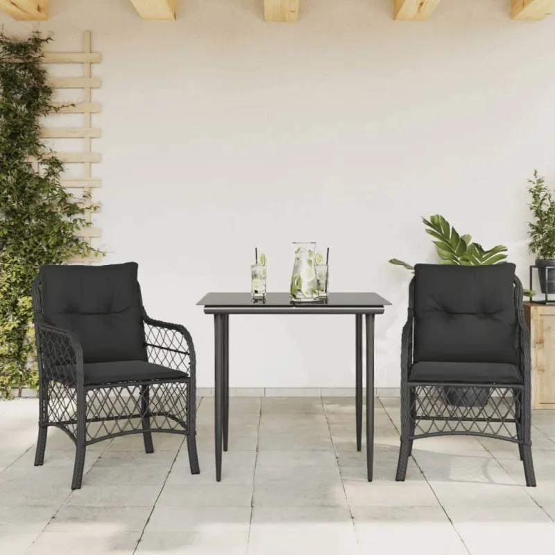 Bistro-Setti pehmusteilla, 3-os osat, musta, polyrattani