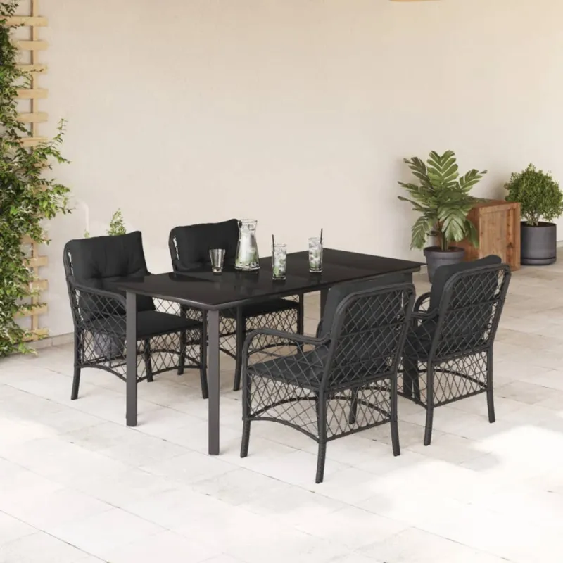 Sodo komplekti, 5 osaa, musta, polyrattana, sisä- ja ulkokäyttöön, mukaan lukien pehmusteet