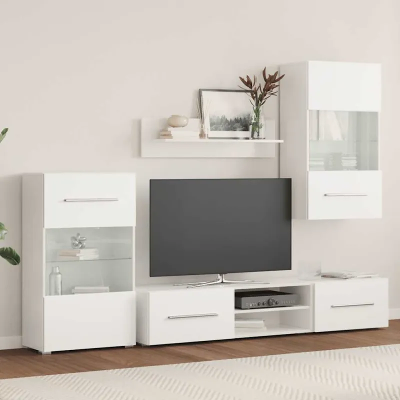 Sieninė televizoriaus spintelė su LED apšvietimu, 5d., balta