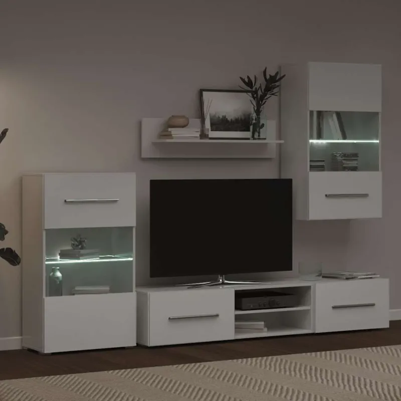 Sieninė televizoriaus spintelė su LED apšvietimu, 5d., balta