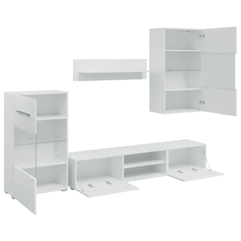Sieninė televizoriaus spintelė su LED apšvietimu, 5d., balta