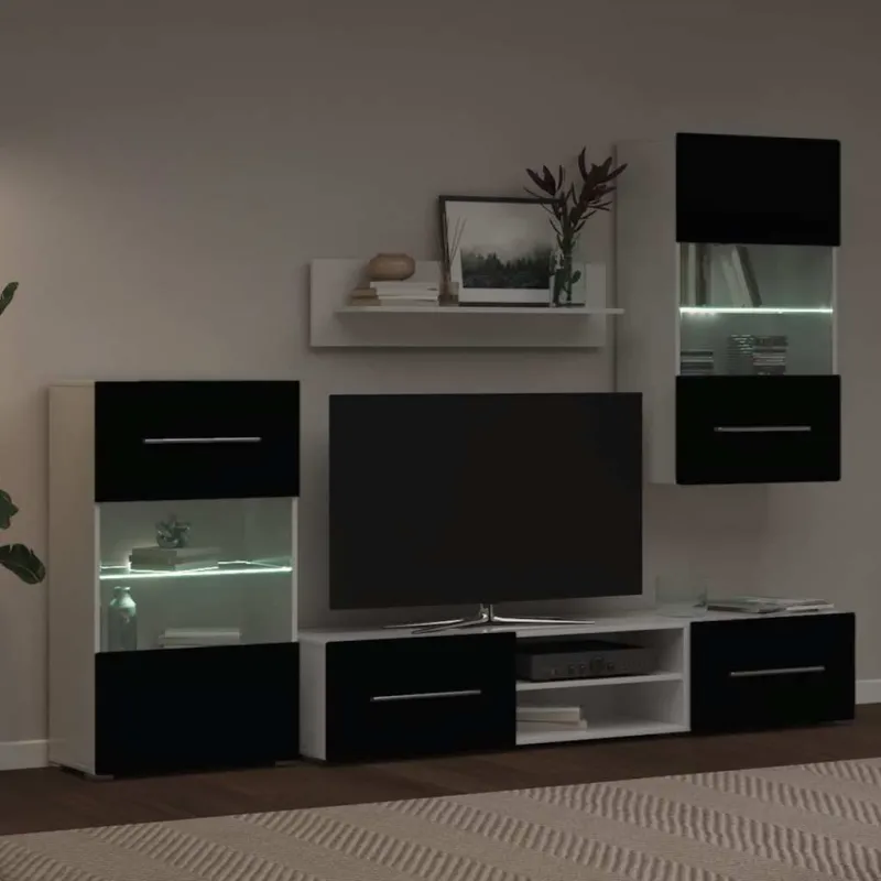 Sieninė televizoriaus spintelė su LED apšvietimu, 5d., juoda