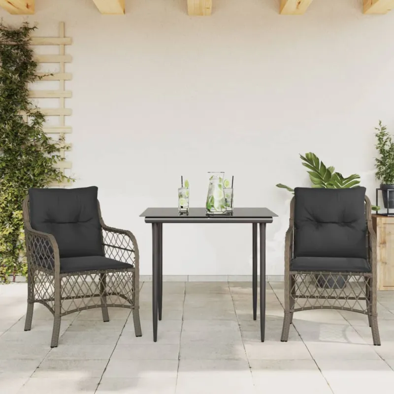 Bistro-Setti pehmusteilla, 3-os osat, harmaa, polyrattani