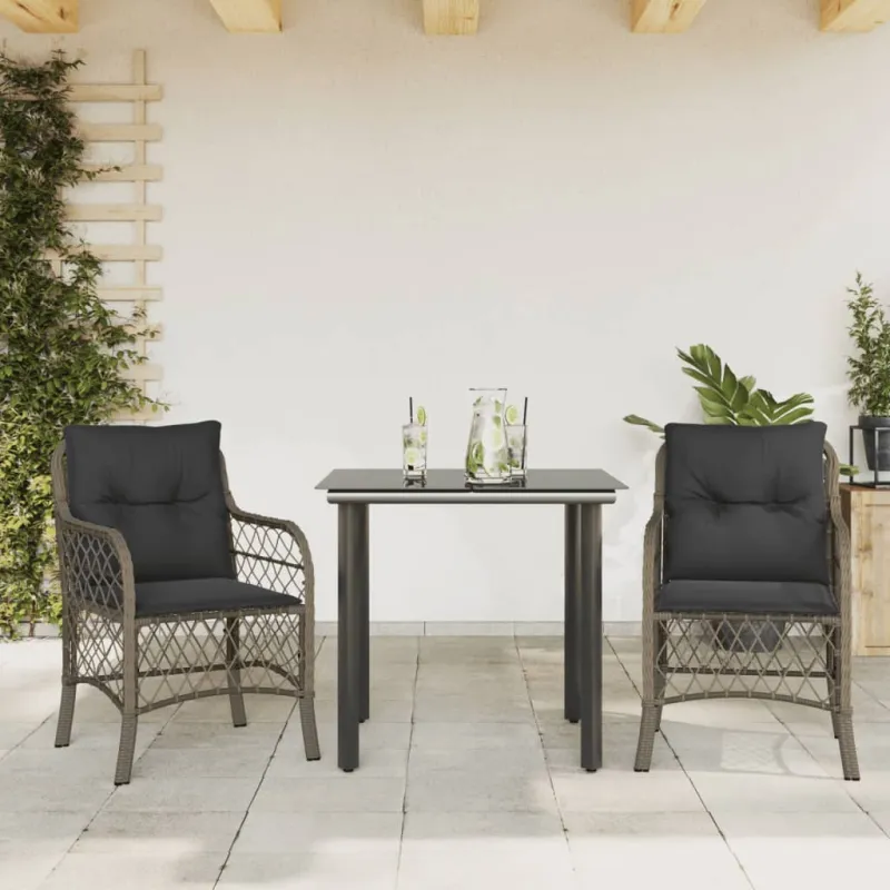 Bistro-Setti pehmusteilla, 3-os osat, harmaa, polyrattani