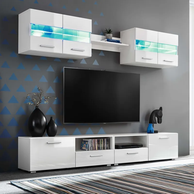 Sieninė TV sekcija su LED šviesomis, 5d., blizgi balta