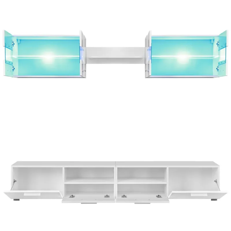Sieninė TV sekcija su LED šviesomis, 5d., blizgi balta