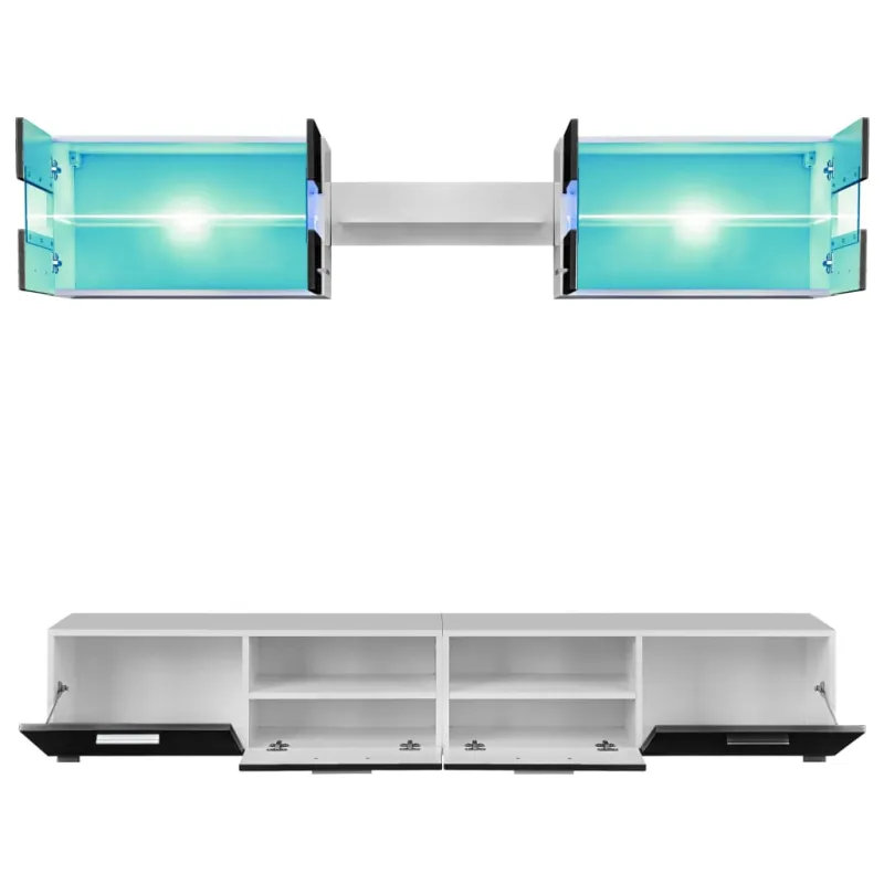 Sieninė TV sekcija su LED šviesomis, 5 d., blizgi, juoda