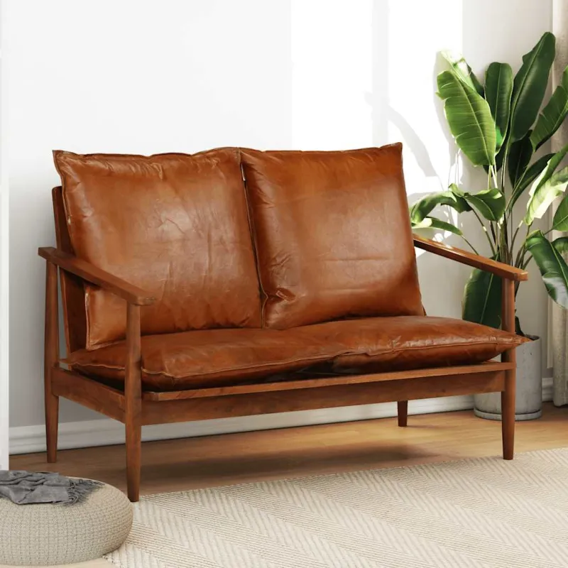 Dvivietė sofa, tikra oda ir akacijos mediena, ruda