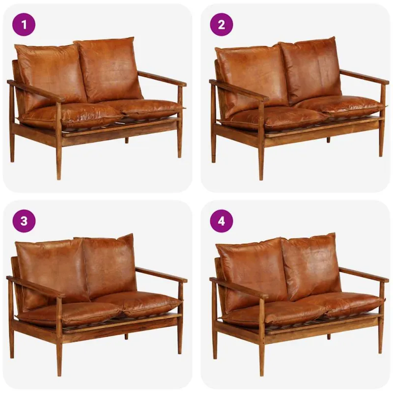 Dvivietė sofa, tikra oda ir akacijos mediena, ruda