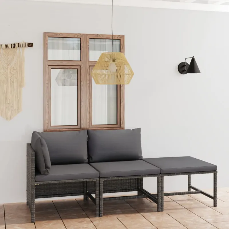 Sodo komplekti, 3 osaa, harmaa, polyrattani, pehmusteilla