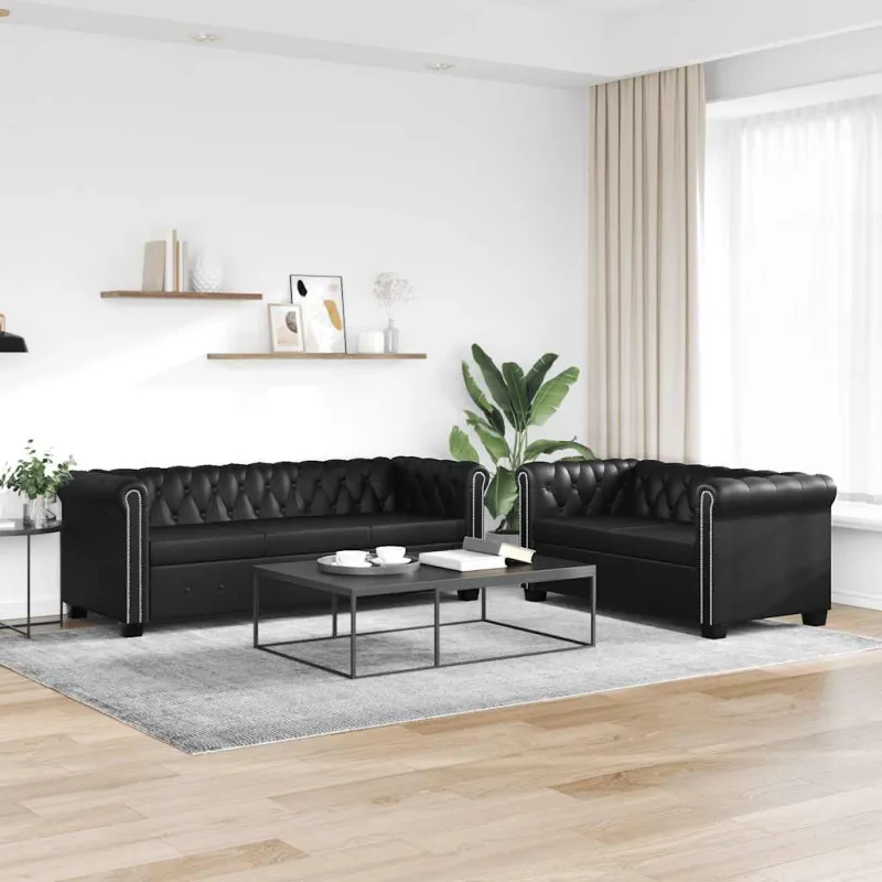 Chesterfield dvivietė ir trivietė sofos, juodos, dirbtinė oda