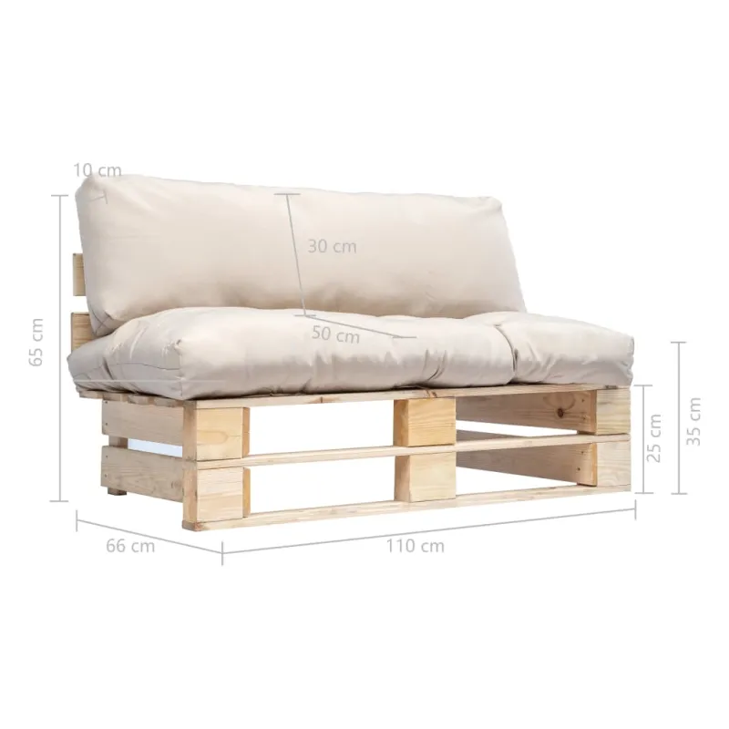 Sodo sofa iš palečių su smėlio pagalvėlėmis, pušies mediena