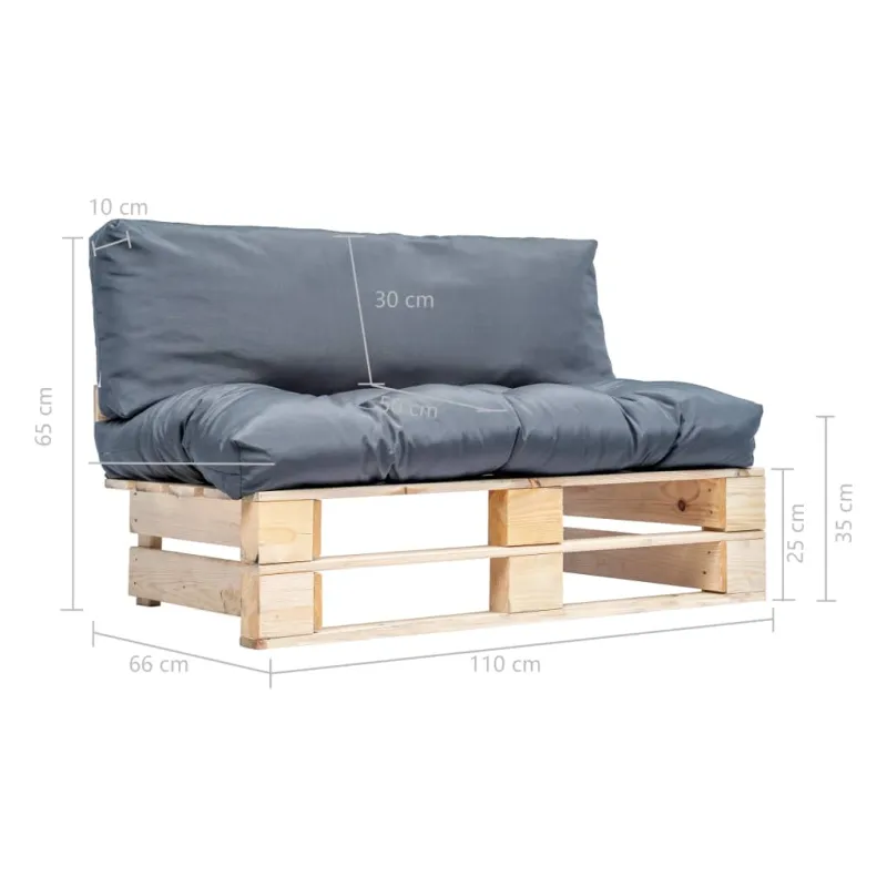 Sodo sofa iš palečių su pilkomis pagalvėlėmis, pušies mediena