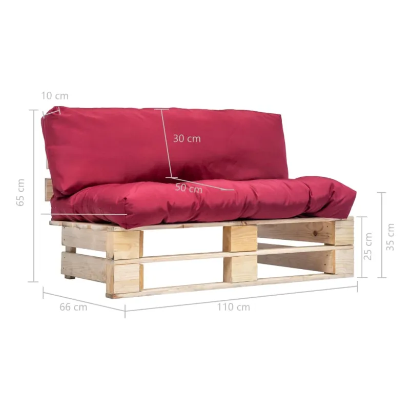 Sodo sofa iš palečių su raudonomis pagalvėlėmis, pušies mediena