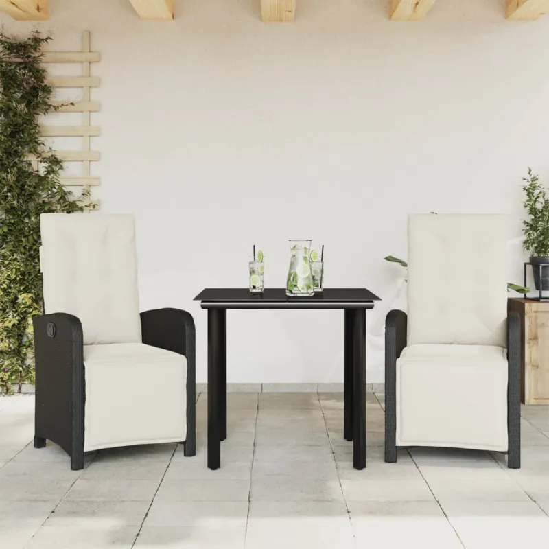 Bistro-Setti tyynyine, 3-os osat, musta, polyrattani