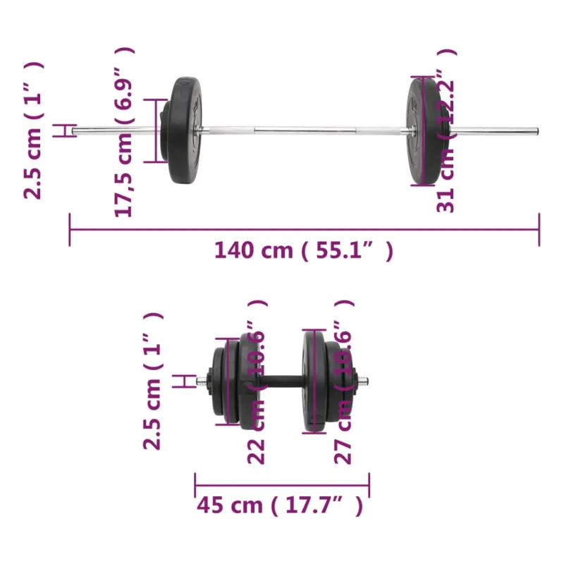 Štanga ir svarmenys su svoriais, 60kg