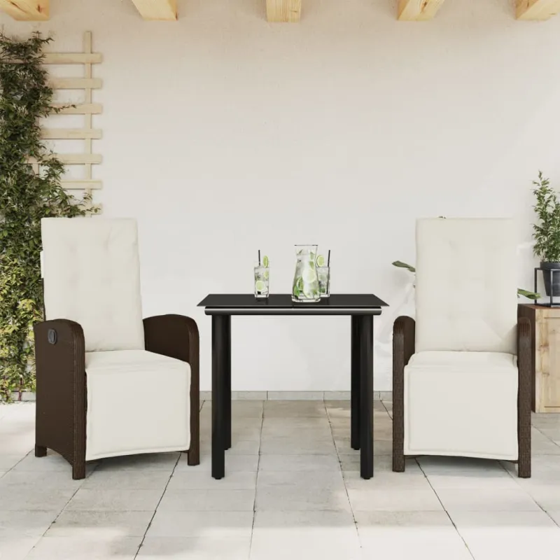 Bistro-Setti pehmusteilla, 3-os osat, ruskea, polyrattani