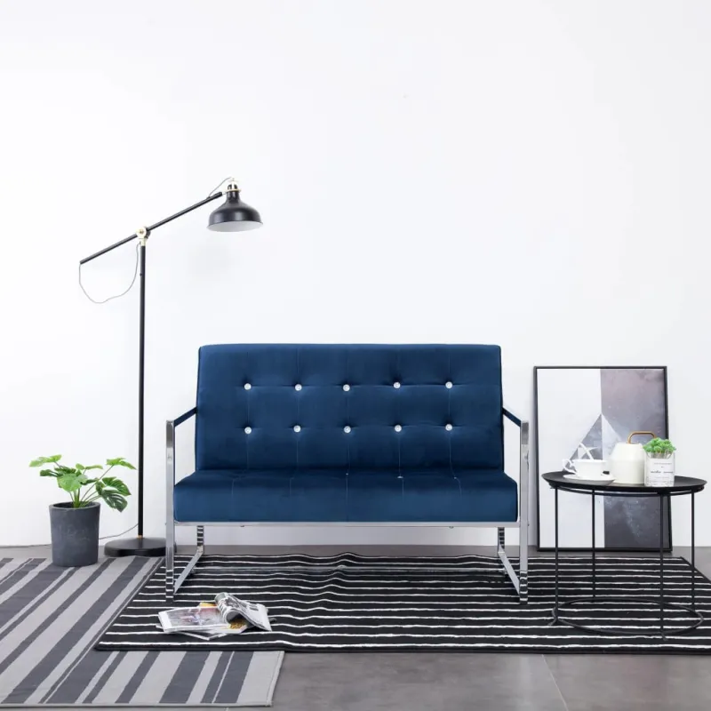 Dvivietė sofa su porankiais, mėlynos sp., chromas ir aksomas